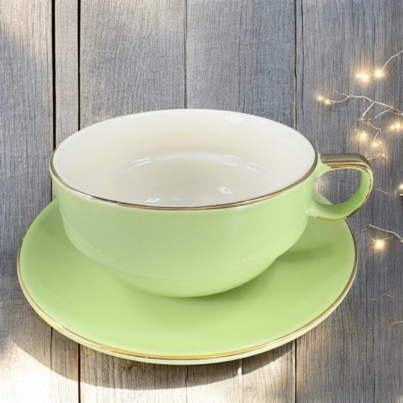 Classic Coffee & Tea Round Set Cup And Saucer Large  Green Gold Edges Ceramic - Picture 1 of 11